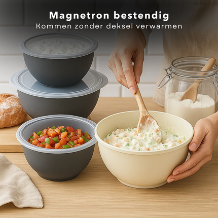 Cheqo® Mengkommen Set - Beslagkom Met Deksel - Polypropyleen Mengkom - Keuken Essential - 3-Delige Set - Vaatwasserbestendig - Magnetronbestendig - Nestbare Kommen - Compacte Opslag - Schenktuit - Siliconen Deksel - Bakken En Mixen