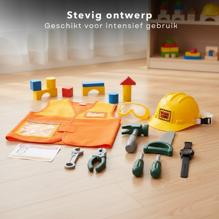 Cheqo® Bouwvakker Verkleedset - Bouwvakker Verkleedkostuum Kind - Bouwvakker Kostuum Kind - Bouwvakker Verkleedkleding - Bouwvakker Outfit Kind - Bouwvakker Verkleedset Helm Gereedschap
