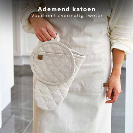 Cheqo® Beige Katoen Keukenschort - Kookschort - Schort - Verstelbaar Unisex - Met Zakken - Duurzaam Koken