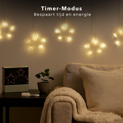 Cheqo® Lichtgordijn Kerststerren - Kerst Lichtgordijn - Licht Gordijn - Warm Wit Licht - 45 LED Lampjes - Automatische Timer - Kerst Ster Verlichting - Kerstverlichting Op Batterijen - Kerstlampjes - Kerstdecoratie - Kertster Verlichting