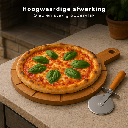 Cheqo® Pizza Snijplank - Pizzaplank - Pizza Plank - Acaciahout Snijplank - Pizzabord Met Groeven - Pizzasnijder Inbegrepen - Snijplank Met Handvat - Ophangoog Snijplank - Pizza Serveren