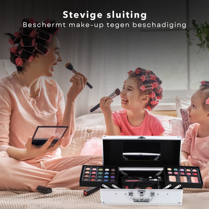 Cheqo® Make-up Koffer - Make Up Kinderen Set - Zilver - Kindermake-up Set met Spiegel - Draagbaar en Compleet