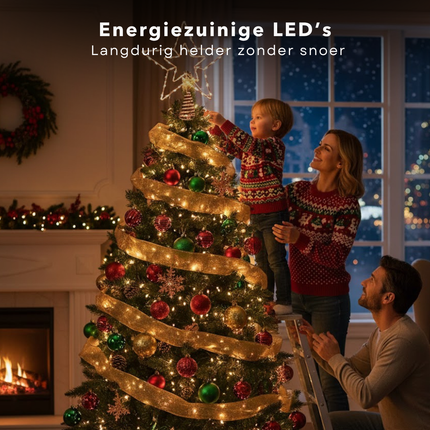 Cheqo® Verlichte Kerstboom Piek - Kerstboom Ster Piek - LED Kerstboom Topper - Gouden Kerstboompiek - LED Kerstster Piek - Kerstversiering Met Verlichting - 30 LED-Lichten - Op Batterij - Lichtgevende Piek voor Kerst - Warme Witte Verlichting