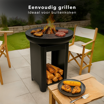 Cheqo® Vuurkorf met BBQ - Barbecue Roestvrij Staal - Grillring - Plancha Grill - Vuurschaal - Buitenkeuken met Houtopslag - 2-in-1 Grill en Terrashaard - Inclusief Teppanyaki Plaat