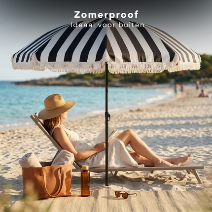 Cheqo® Parasol - Tuinparasol - Tuinparaplu - Strandparasol - Balkon Parasol - Camping Parasol - Gestreepte Parasol - Zwart Wit Parasol - Parasol Met Franjes - Parasol Met Draagtas - Kantelbare Parasol - Verstelbare Parasol - Parasol Uv Bescherming