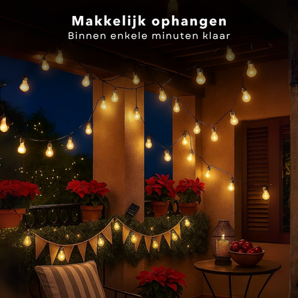 Cheqo® Solar Feestverlichting - 10 Lampen - Warm Wit Licht - Vervangbare Batterij - Tuinverlichting Op Zonne-Energie - Lichtslinger Buiten - Sfeerverlichting - Transparante Lampen - Energiezuinig - Tuin Decoratie