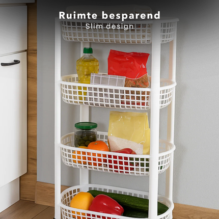 Cheqo® Keukentrolley Op Wieltjes - 4 Lagen Manden - Wit Kunststof - Opbergtrolley Keuken of Badkamer - Ruimtebesparend Ontwerp - Keuken Organizer - Multifunctionele Trolley - Smalle Rolwagen - 4 Wieltjes