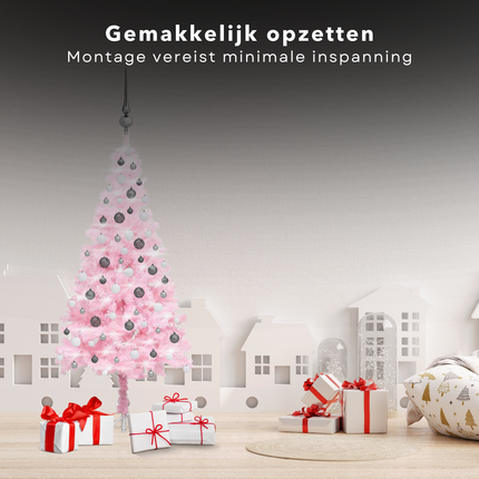 Cheqo® Roze Kerstboom - Kunstkerstboom 150 cm - Met LED-Verlichting en Kerstballen - PVC en Staal