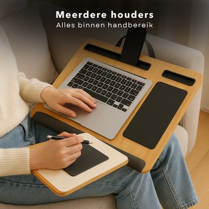 Cheqo® Laptopkussen - Schootkussen - Schoot Dienblad - Kniekussen - Laptoptafel - Laptray - Houten Schoottafel met Polssteun - Bedtafel - Schootdienblad - Inclusief Muispad