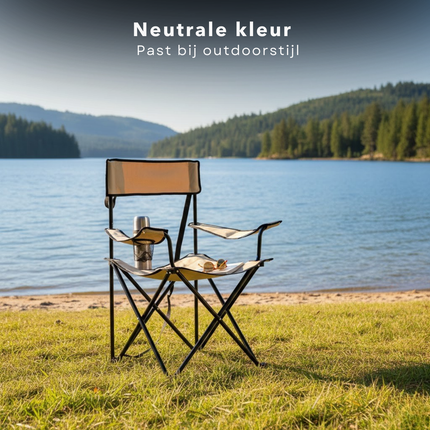 Cheqo® Opvouwbare Campingstoel - Inklapbare Campingstoel - Metalen Campingstoel - Campingstoel met Bekerhouder - Campingstoel Lichtbruin