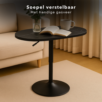 Cheqo® Luxe Bijzettafel Ovaal - Verstelbare Ovale Tafel - Marmer Look - Salontafel Draaibaar - MDF & Metaal - Zwart