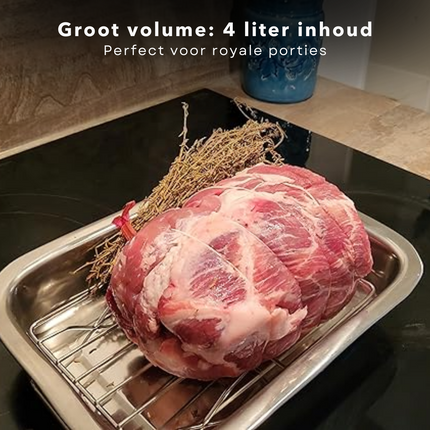 Cheqo® Diepe Ovenschaal RVS - Braadslee - Lasagneschaal - Grote Bakvorm 32x23cm - Bakvorm met Handgrepen - Roestvrijstalen Bakvorm - 4 Liter Inhoud - Geschikt voor Oven en Koelkast - Vaatwasserbestendig