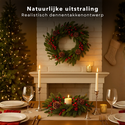 Cheqo® Kerstkrans Groen - Ø50 cm - Traditionele Kerstdecoratie - Rode Bessen - Bruine Dennenappels - Polyetheen Materiaal - Klassieke Kerstkleuren - Eenvoudige Ophanging - Kerstinterieur - Groene Dennentakken - Deurkrans