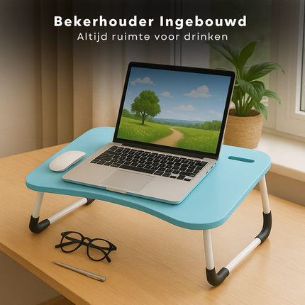 Cheqo® Opklapbare Laptoptafel - Ontbijt op Bed Tafel - Bedtafel met Tablethouder - Bank Tafeltje - Ontbijttafeltje - Banktafel - Blauw