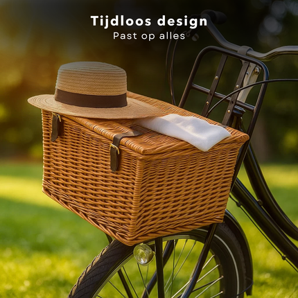 Cheqo® Fietsmand Riet 30L – Bakkersmand Bruin met Deksel & Riempjes – Voorrek Fietsmand – Nostalgisch Design – Vaste Montage – Picknickmand – Boodschappenmand – Stevige Rieten Mand voor Omafiets