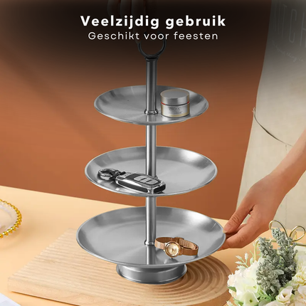 Cheqo® Etagere 3-Laags - RVS Serveerschaal - 34 cm Hoog - Ideaal voor High Tea - Serveer Schaal - Borrelplank