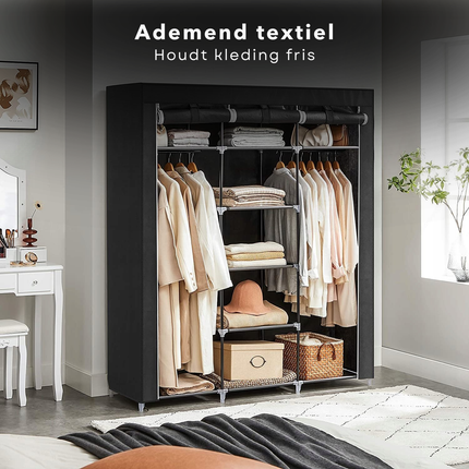 Cheqo® XXL Kledingkast - Opvouwbare Garderobekast - Campingkast - Slaapkamer Kast - Kleerkast - Zwart - Metalen Frame