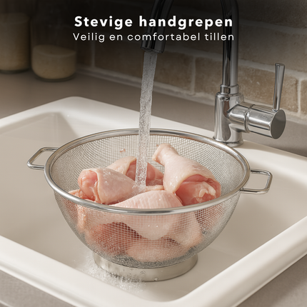 Cheqo® Roestvrij Staal Zeef - RVS Vergiet - Fijne Meshstructuur - Groenten Afgieten - Pasta Spoelen - Fruit Wassen - Compacte Zeef - Functioneel Vergiet - Kleine Vergiet - Zilveren Zeef - Ronde Zeef - Zeef Met Handgrepen - Stabiel Op Aanrecht
