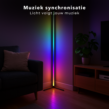 Cheqo® LED Hoeklamp RGB en Wit Licht – Staande Lamp met Muziek Sensor – Dimbaar Licht met Afstandsbediening – USB-C Oplader – 15W – 360 Lumen – Gaming Lamp – Sfeerverlichting Woonkamer – Slimme Verlichting – Disco Lamp – Thuis Bioscoop