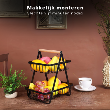 Cheqo® Fruitrek - Zwart Metaal & Hout - 2 Lagen - Moderne Etagere - Fruitmand - Fruitschaal - Keukenorganizer - Aanrecht Organizer - Keuken Bureau Organizers – Aardappelbak - Keukenopslag - 43 cm