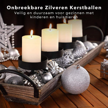 Cheqo® Kerstballen Set - Kerstballenset - Kerstdecoratie - Kerstboom Versieren - Kerstversiering - Onbreekbaar - Met Ophangoogje - Kerstversiering Kerstboom - Mat - Glans - Glitter  - 60 Stuks - Zilver Kerstballen