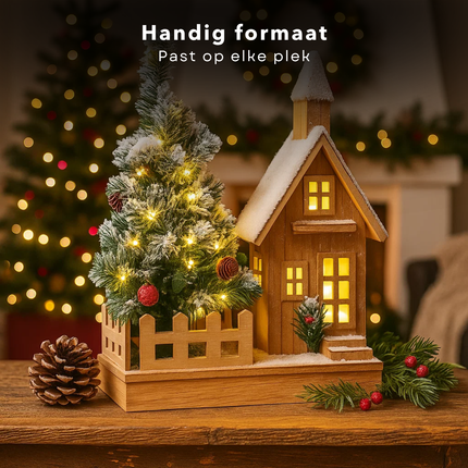 Cheqo® Verlicht Kersthuisje - Kersthuis met LED Verlichting - Warm Wit - Werkt Op Batterijen - Houten Kersthuis - Kerstdecoratie - Kersthuisjes En Kerstdorpen - Aanloopsnoer - Kerstornament Kerstdorp - Sfeerverlichting - Winterdecoratie