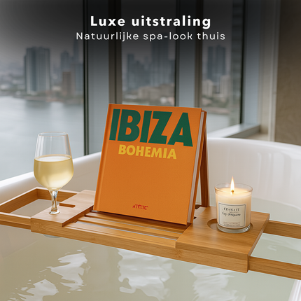 Cheqo® Luxe Verstelbare Badplank Bamboe – Uitschuifbaar Badrek – Badplank met Boekensteun, Tablethouder, Wijnglashouder & Bekerhouder – Waterbestendig Badkuiprekje – Compacte Opberging – Badaccessoires Hout