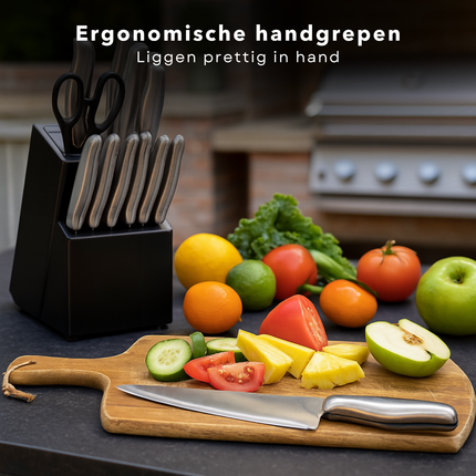 Cheqo® 15-delige Messenset met Messenblok Zwart – RVS Koksmes Broodmes Snijmes Santokumes – Steakmessen – Schilmes – Universeel Mes – Aanzetstaal – Keukenschaar – Anti-kleeflaag – Japanse Chefkok Messen – Strak Design