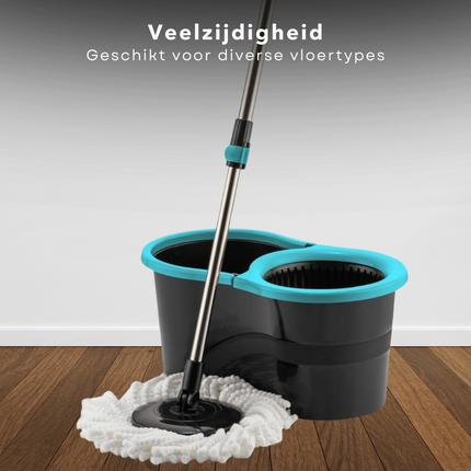 Cheqo® Mopset met Centrifugesysteem - Dweilset - Dweil Set - Vloerwisser - Verstelbare Steel en 14L Emmer - Wasbare Mop - Vloerwisserset