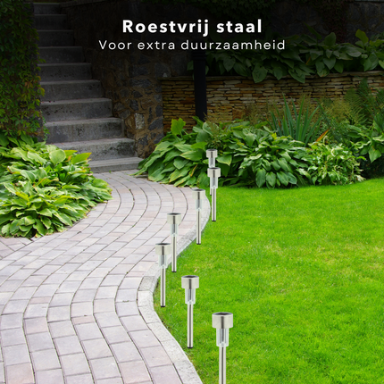 Cheqo® Solar Tuinverlichting Set - Padverlichting - 10 Stuks - RVS - Prikspots - Weerbestendig - Tuinspot met Grondspies Set - Buitenverlichting op Zonne-energie