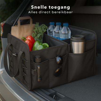 Cheqo® Kofferbak Organizer Auto – Opvouwbare Auto Opbergtas met Meerdere Compartimenten – Zwarte Kofferbak Opbergbox – Anti-Slip Ontwerp met Klittenband – Auto Accessoires – Waterdicht – Autostoel Organizer – Gereedschapstas