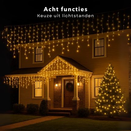 Cheqo® Ijspegel Verlichting - Lichtgordijn - Kerstverlichting Buiten - Kerstverlichting Binnen - 180 LED - Warm Wit - 6 Meter - 8 Lichtfuncties - IP44 Adapter - Geschikt Voor Buiten - Groen Snoer - 3 Meter Aansluitsnoer - LED Lampjes