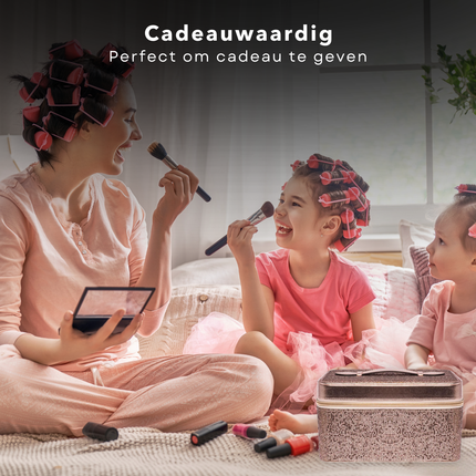 Cheqo® Beautycase Brons Glitter - Luxe Make-up Koffer met Spiegel - Complete Reisset - Beauty Case met Vakken - Visagiekoffer - Cosmeticakoffer - Beautycase
