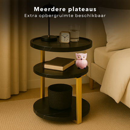 Cheqo® Moderne Bijzettafel - Bijzet Tafel Zwart Goud - Goudkleurig Metalen Frame - MDF Plateau - Zwart Gemarmerd - Ronde Bijzettafel - Stijlvolle Bijzettafel - Bijzettafel Woonkamer - Luxe Design - Moderne Uitstraling - Compacte Bijzettafel