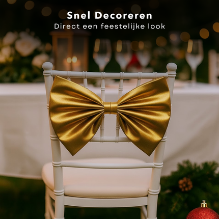 Cheqo® Kerst Stoelstrik - Stoelstrik Goud - Set Van 2 - Stoeldecoratie Kerst - Gouden Strik - Kerstdecoratie Stoel - Feestelijke Stoelstrik - Kerstversiering Stoel - Decoratieve Strik - Stoelstrik Set - Kerst Strik
