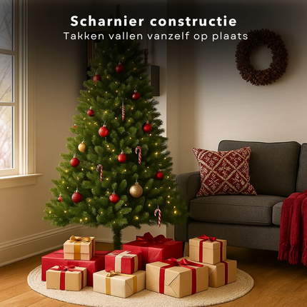 Cheqo® Kunstkerstboom Met LED-Verlichting - LED-Lampjes Warm Wit - Natuurlijke Uitstraling - Volle Kerstboom - Scharnier Constructie - Luxe Takverdeling - 180 CM Kerstboom - Groene Kerstboom - Eenvoudig Op Te Zetten