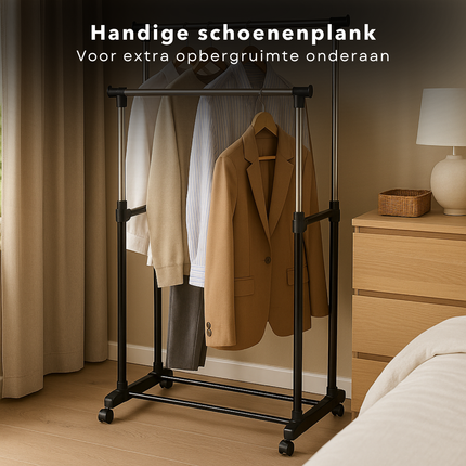 Cheqo® Dubbel Kledingrek op Wieltjes - Garderoberek - Kapstok - Kleding Rek - Kledingstang Verstelbaar & Mobiel - Metaal