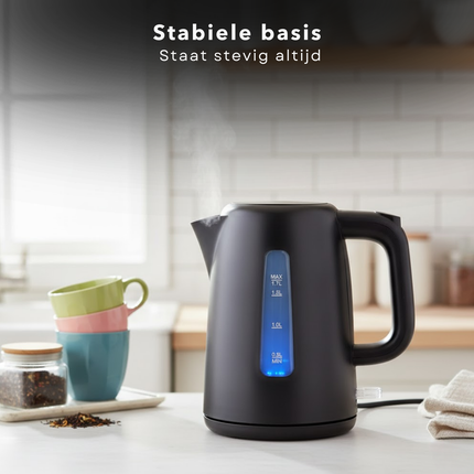 Cheqo® Waterkoker – Mat Zwarte Waterkoker – Snoerloos Design – Water Koker - Water Koken – Waterniveau-Indicator – Verborgen Verwarmingselement – Automatische Uitschakeling – Verlichte Aan/Uit-Schakelaar - Theekan