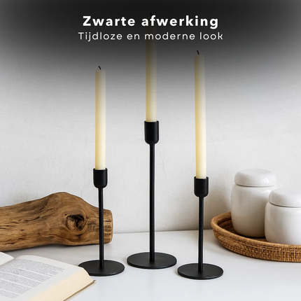 Cheqo® Metalen Kaarsenhouder Set van 3 – Zwarte Kaarsenhouders in Industriële Stijl – Woondecoratie voor Salontafel, Eetkamertafel of Bijzettafeltje – Tijdloos Design – Geschikt voor Dinerkaarsen – Kandelaar Modern