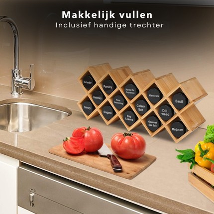 Cheqo® Bamboe Kruidenrek -  Kruidenpotjes Rek - Aanrecht Organizer - Kruidenrekje - 18 Glazen Potjes - Keukenorganizer met Labels en Stift