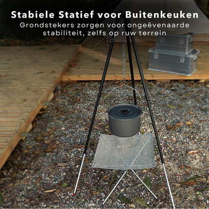 Cheqo® Driepoot Standaard - Stabiel Buiten Koken - 150cm - In Hoogte Verstelbaar - Camping - BBQ Statief - Tripod - Extra Sterk - Grondstekers - Metaal - Kookstatief Driepoot Barbecues