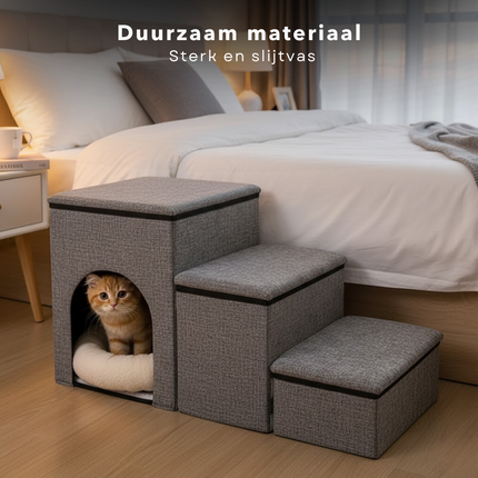 Cheqo® Opvouwbaar Hondentrap - Trapje Voor Huisdieren - Drie Compartimenten - Ingebouwde Mand - Opbergruimte Voor Speelgoed - Oxford Materiaal - MDF Constructie - 4200 Gram Gewicht - Huisdier Trap - Kleine Honden Trap