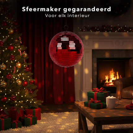 Cheqo® Kerst Discobal - Spiegelbol 30 CM - Rode Spiegelglas - Disco Bal Rood - Eenvoudig Op Te Hangen - Kerstversiering - Feestdagen Decoratie - Discobal Ornament - Spiegelglas Discobal - Kerstdecoratie