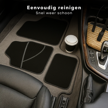 Cheqo® 4 Stuks Automatten - Auto Vloermatten - Anti-SlIP Laag - Zwart/Wit Automatten - Pvc/Polyester Materiaal - Universele Automatten - Voor En Achter - Stijlvol Auto Interieur - Eenvoudig Schoon Te Maken - Automat Set
