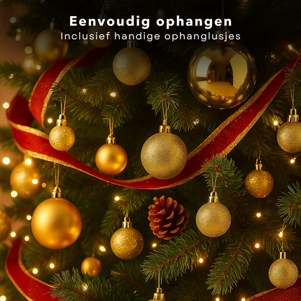Cheqo® Kerstballen Set - Gouden Kerstballen - Kerstboom Decoratie - Glazen Kerstballen - Feestelijke Uitstraling - Chique Kerstversiering - Matte Kerstballen - Glimmende Kerstballen - Glitter Kerstballen - Kerstballen Goud