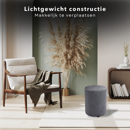 Cheqo® Poef Fluweel Grijs - Poefje - Bijzettafel - Voetenbankje - Stijlvolle Zitmeubel - Compact Design - Modern Interieur
