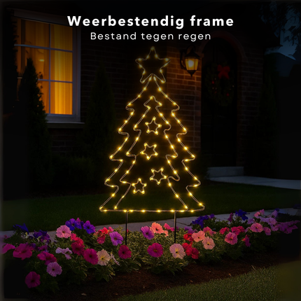 Cheqo® Tuinsteker Kerstboom - 90 LED Lampjes - Extra Warm Wit - Metalen Grondpennen - Werkt Op Batterijen - Automatische Timer - Binnen En Buiten - IP44 Beschermwaarde - Kerst Tuinversiering - Decoratieve Kerstboom - Zwarte Metalen Frame