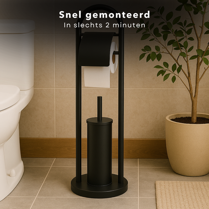 Cheqo® Vrijstaande Toiletbutler - Vrijstaand Toilet Butler - Zwart RVS - Touletborstel met Houder - WC Rol Houder - Rolhouder - Moderne Toiletaccessoires - 80 cm Hoog - Stijlvol en Duurzaam