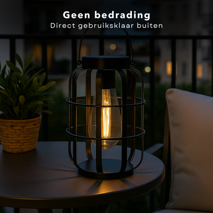 Cheqo® Solar Tafellamp Buiten – Draagbare Lantaarn op Zonne-energie – LED Warm Wit Licht – IP44 Spatwaterdicht – Tuinverlichting – Terras & Balkon Verlichting – Metalen Behuizing – Zonder Bedrading – Oplaadbare Batterij