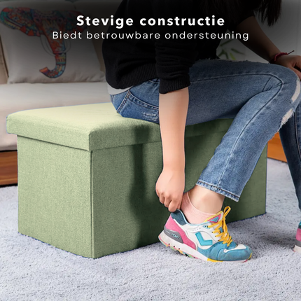 Cheqo® Opvouwbare Poef Met Opbergruimte - Groen - Grote Opbergbox - Organizer - Voetenbankje - Hocker - MDF en Katoen